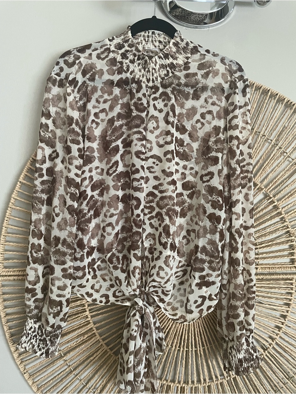 Olivaceous Brown/Cream Leopard Print sheer Tie-Front Blouse size L